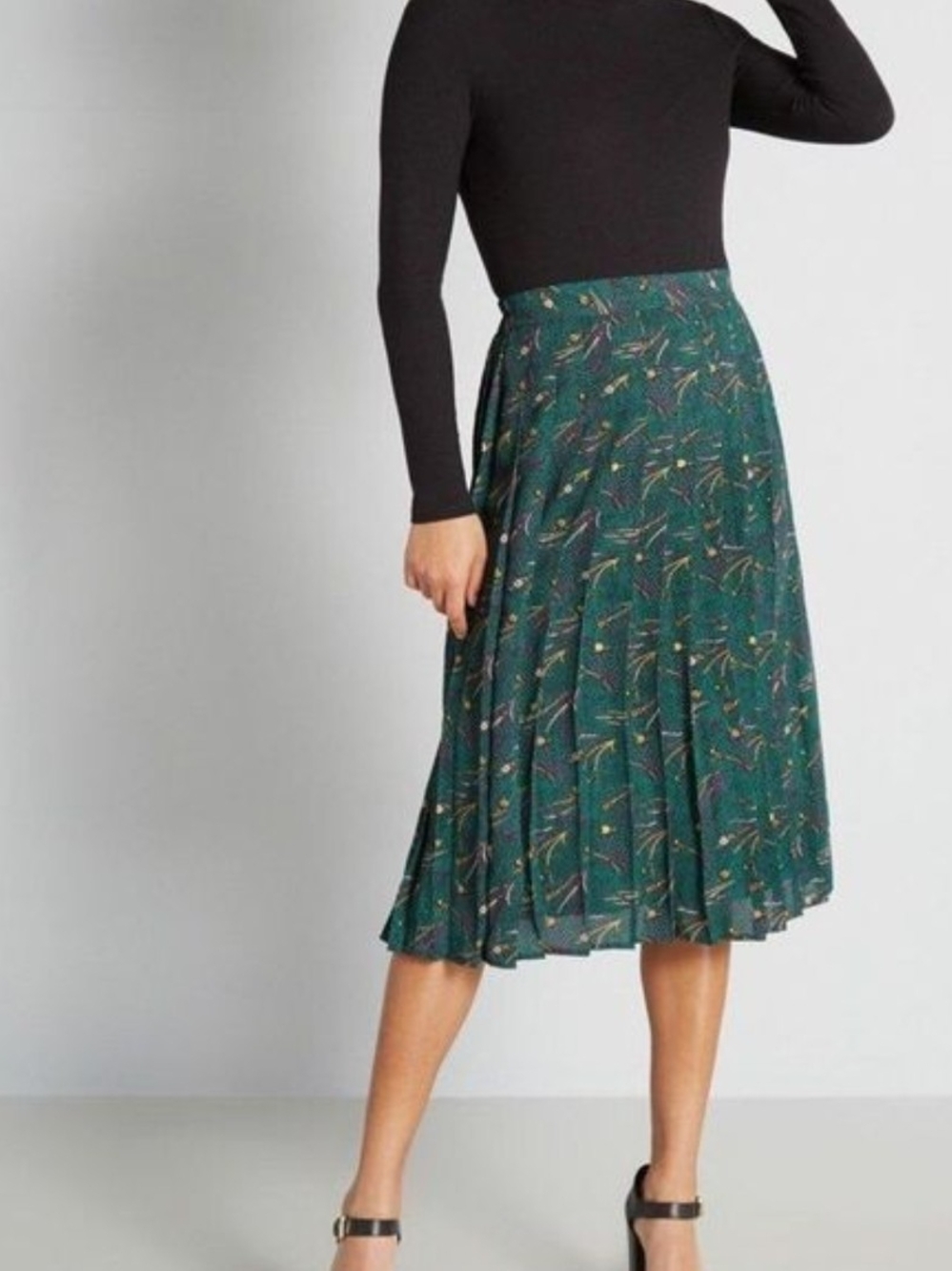 Modcloth Teal Floral Pleated Midi Skirt